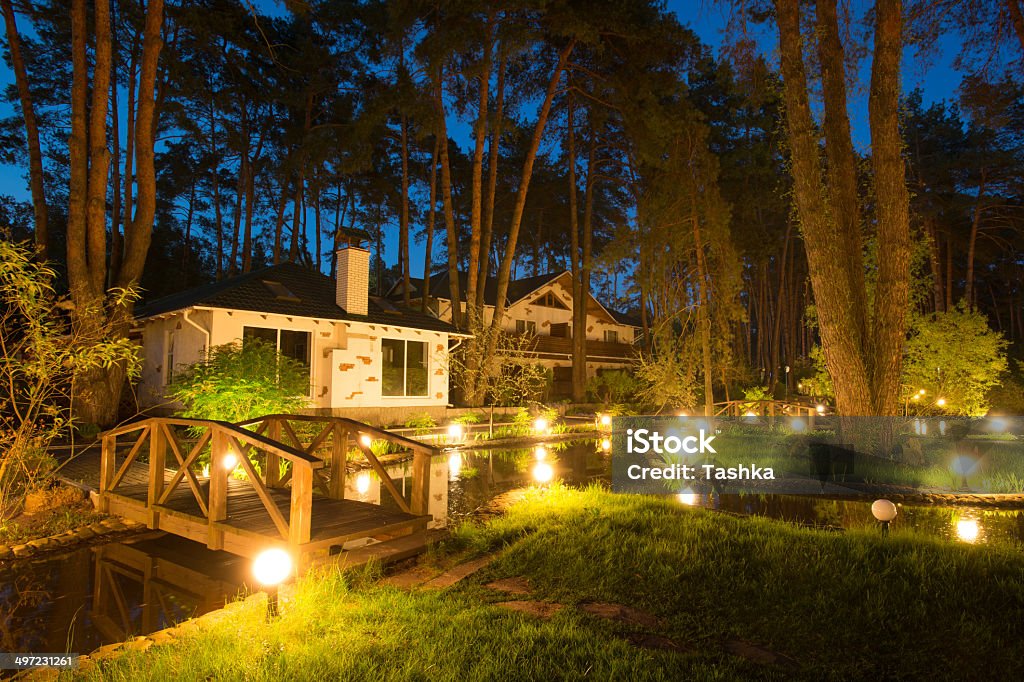 Cozy resort by the lake in the conifer forest at night